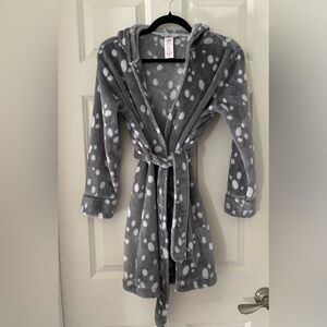 - Girl’s Justice deer themed soft robe, size 12-14 gray w/white polka dots